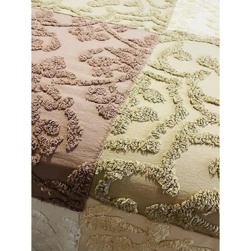 Vintage Mauve Tan Chenille Bedspread King Cream Block coverlet Cottage Grannycor